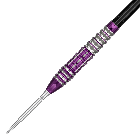 Das Bild zeigt einen Target Japan Prime Series Tung Suk Zenith GEN1 Swiss Point Steeldart mit 23g Gewicht. Der Dart hat ein auffälliges Design mit silbernen und lila Elementen am Griff.