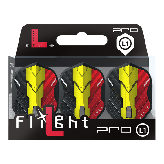 L-Style V-Series V1 Typ C Belgia Czarny L1PRO Loty Das Bild zeigt eine Packung mit drei Dart-Flights der Marke L-Style, Modell V-Series V1 Type C Belgium Black L1PRO. Die Flights haben ein Design in den Farben Schwarz, Rot und Gelb, inspiriert von der belgischen Flagge.