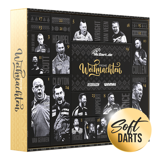 Der McDart Premium Adventskalender 2025 für Softdart-Spieler ist zu sehen. Der Kalender eignet sich als Geschenk für Dart-Begeisterte.