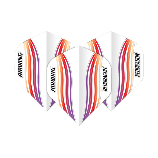 Red Dragon Airwing Red Wave Standard Flights Das Bild zeigt drei Dart-Flights mit dem Namen "Red Dragon Airwing Red Wave Standard Flights". Sie sind weiß mit roten, orangen und violetten Wellenlinien und der Aufschrift "AIRWING" und "REDDRAGON".
