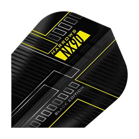 Harrows NX90 Black Edition No6 Flights Dies ist das Harrows NX90 Black-Edition No6 Flight. Das Design ist überwiegend schwarz mit gelben und silbernen Akzenten.