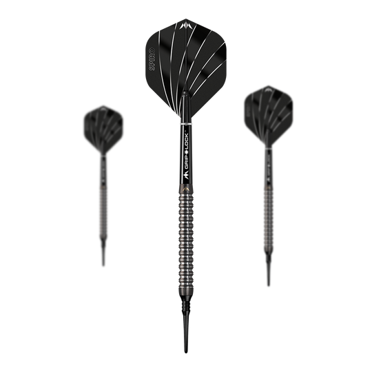 Auf dem Bild sind drei Softdarts des Modells "Mission Spiro Model 1" mit einem Gewicht von 20g zu sehen. Die Darts sind schwarz und silbern mit modernen, gerillten Griffen und schwarzen Flights.