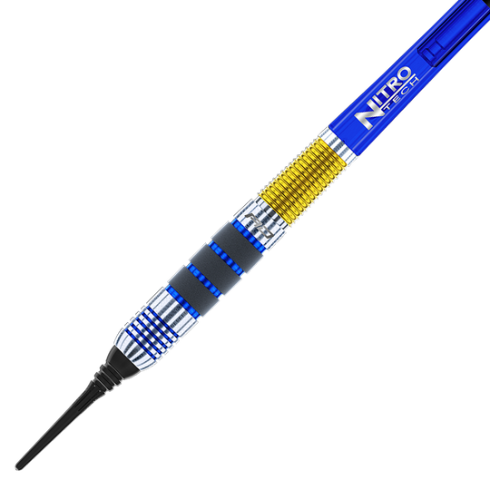 RD2402_Red_Dragon_Luke_Humphries_2021_Softdarts_2 Das Bild zeigt einen Softdartpfeil des Modells "Red Dragon Luke Humphries" mit einem Gewicht von 20g. Der Dartpfeil hat blaue, silberne und goldene Akzente sowie die Aufschrift "NITRO TECH" auf dem Schaft.