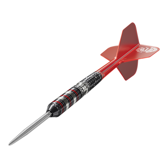 Das Bild zeigt einen Steeldart der Marke "Target Japan Prime Series Diamond GEN3". Der Dart hat eine silberne Spitze, einen schwarz-silbernen Griffbereich mit roten Akzenten und eine rote Flight.
