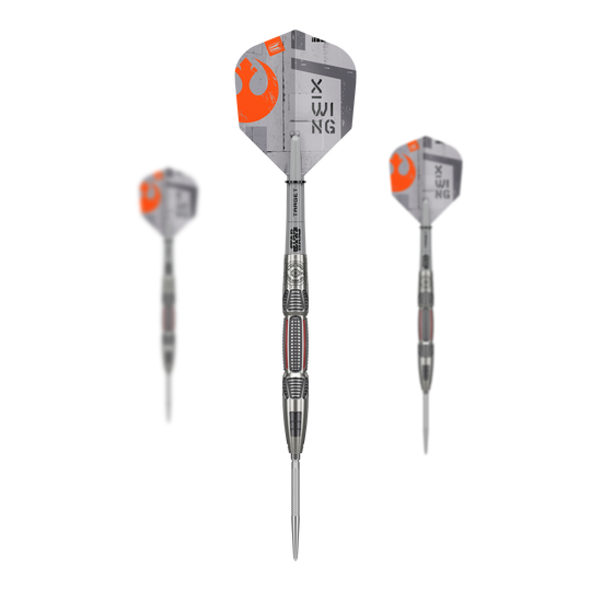 Stalowe lotki Swiss Point firmy Target Star Wars X-Wing Auf dem Bild ist ein Set der Target Star Wars X-Wing Swiss Point Steeldarts zu sehen. Die Darts zeichnen sich durch ein besonderes Star Wars Design aus.