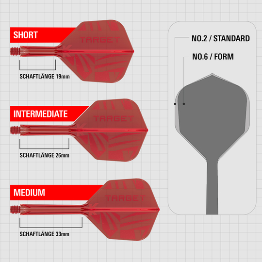 Abgebildet sind die Target K-Flex Red No6 Flights. Die Dartflights sind in roter Farbe und haben eine standardisierte Form.