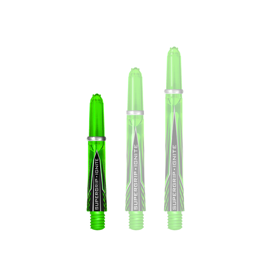 HR389_Harrows_Supergrip_Ignite_Shafts_Gr-n_33mm_1iTUVQXwgaZq29 Das Bild zeigt drei grüne Harrows Supergrip Ignite Shafts in unterschiedlichen Längen. Sie sind transparent und haben ein modernes, schwarz-grünes Design mit der Aufschrift "Supergrip Ignite".