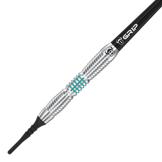 Das Bild zeigt den Bulls V1 Softdart mit silbernem, geriffelten Barrel und türkisen Ringen. Am oberen Ende ist „B GRIP“ auf einem schwarzen Schaft zu sehen.