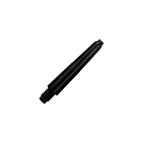 565_Nylon_Shafts_mit_Wunschdruck_Schwarz_28mm_2 Das Bild zeigt einen schwarzen Nylon-Schaft. Er ist speziell geformt und hat ein Gewinde am unteren Ende.