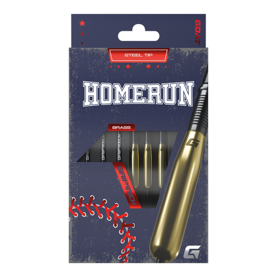Die Abbildung zeigt die Verpackung der "GOAT Homerun Baseball Brass Steeldarts - 15g". Auf der Vorderseite sind drei Darts mit Messingkörper und Stahlspitze zu sehen.