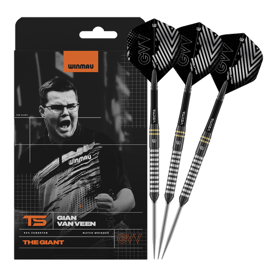 Stalowe rzutki Winmau Gian Van Veen TS Switch Point Abgebildet ist Winmau Gian Van Veen TS Switch Point Steeldarts. Die Darts sind vollständig nebeneinander dargestellt.