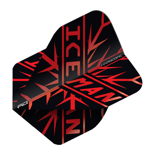 TF6872_Red_Dragon_Hardcore_Gerwyn_Price_Red_Premium_Standard_Flights_2 Das Bild zeigt die Red Dragon Hardcore Gerwyn Price Red Premium Standard Flights. Die Flights sind schwarz mit roten Akzenten und dem Schriftzug "ICEMAN".