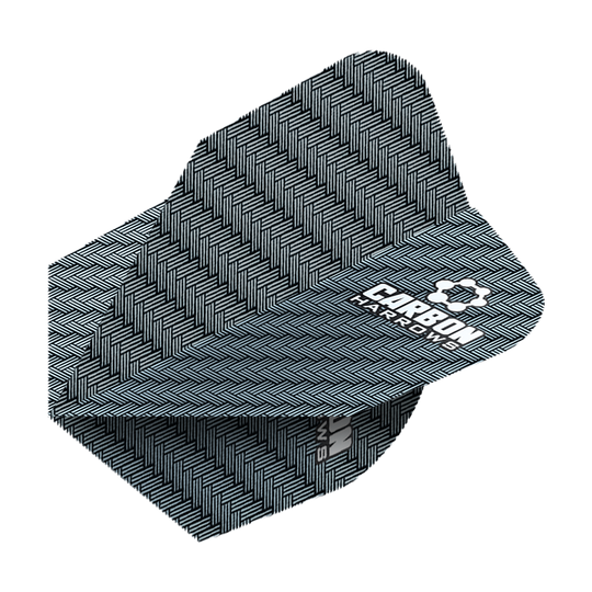 HR52_Harows_Carbon_No6_Flights_Blau_2 Das Bild zeigt die „Harrows Carbon Flights HR52“. Sie sind mit einem schwarzen, gewebten Karbonmuster und einem weißen Logo gestaltet.
