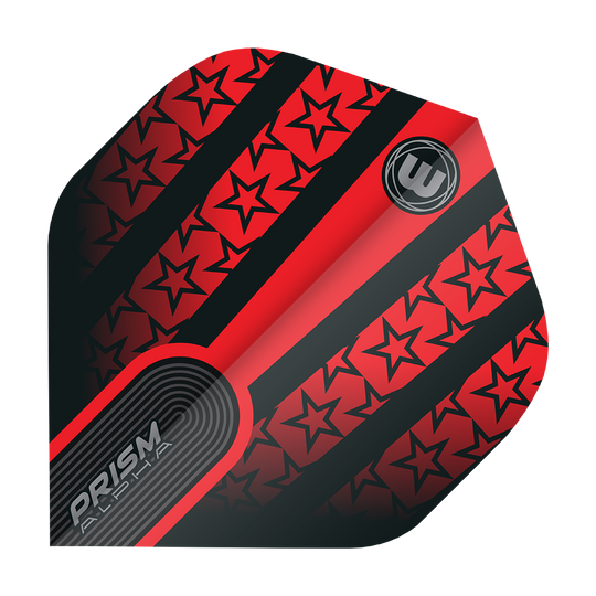 6915-178_Winmau_Prism_Alpha_6915-178_Standard_Flights_15PyRQzQKJT1zv Das Bild zeigt das Produkt "Winmau Prism Alpha 6915.178 Standard Flights". Das Design ist überwiegend rot und schwarz mit auffälligen Sternmustern und dem Prism Alpha-Logo.