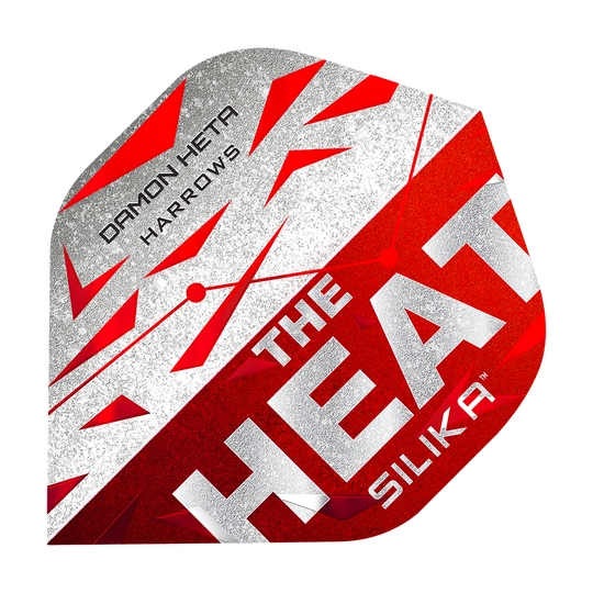 Loty Harrowa Silika Damona Hety z serii 3 Das Bild zeigt ein Dart-Flugblatt mit dem Namen "Harrows Silika Damon Heta Series 3 Flights". Es ist in den Farben Rot, Weiß und Silber gestaltet und trägt die Aufschrift "THE HEAT SILIKA" sowie "DAMON HETA HARROWS".