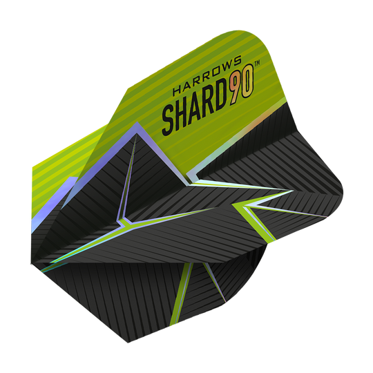 Das Bild zeigt das Produkt "Harrows Prime Shard No6 Flights". Die Flights haben ein modernes Design in Schwarz mit grünen und gelben Akzenten sowie geometrischen Mustern.