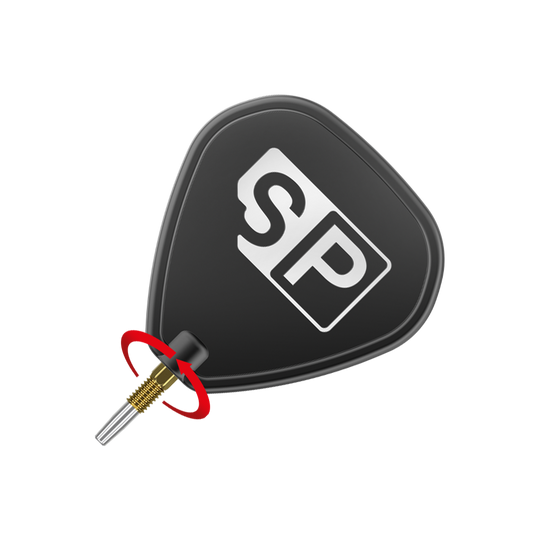 Target Swiss Point Nano Dart Tips - Złoto Das Bild zeigt eine schwarze Dart-Flight mit der weißen Aufschrift "SP". Unten ist eine goldfarbene Dartspitze mit silberner Spitze zu sehen.