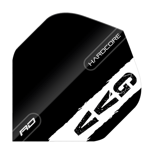 Red Dragon Hardcore Gian Van Veen Czarne Logo Standardowe Loty Das Bild zeigt ein schwarzes Dart-Flight mit weißen und grauen Akzenten. Auf dem Flight stehen die Wörter "HARDCORE", "RD" und die Buchstaben "GVG".