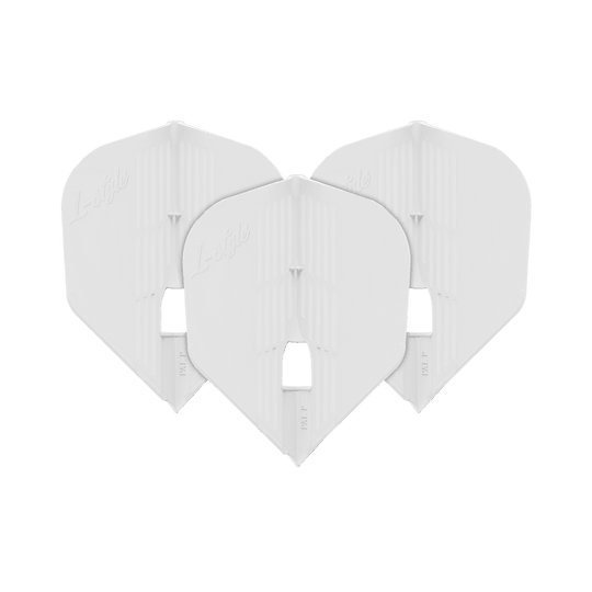 L-Style KAMI L3KPRO Flights Auf dem Bild sind drei weiße Dartflights der Marke L-Style zu sehen. Sie sind nebeneinander angeordnet und haben eine standardisierte Form.