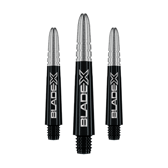 Gezeigt wird ein Set schwarzer Dartshafts mit der Bezeichnung Winmau Vecta Blade X, 34 mm. Das Set ist für Dartspieler geeignet.