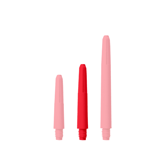 Das Bild zeigt drei rote Nylon-Schäfte in unterschiedlichen Längen. Sie stehen nebeneinander auf weißem Hintergrund.
