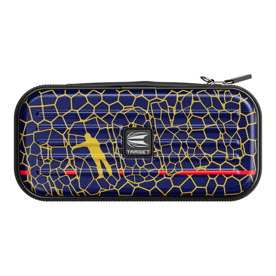Etui na lotki Target Takoma Josh Rock Das Bild zeigt ein Dartcase namens "Target Takoma Josh Rock Dartcase". Das Etui hat ein blaues Muster mit gelben Linien und einem gelben Dartspieler sowie dem Target-Logo in der Mitte.