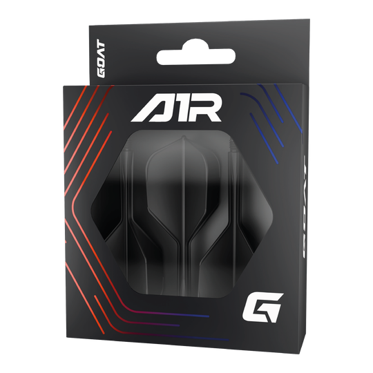 System wału lotniczego GOAT A1R No6 - czarny Die Abbildung zeigt die Verpackung des Produkts „GOAT A1R No6 Flight-Shaft-System - Schwarz“. In der schwarzen Schachtel sind Flights und Shafts für Dartpfeile sichtbar.