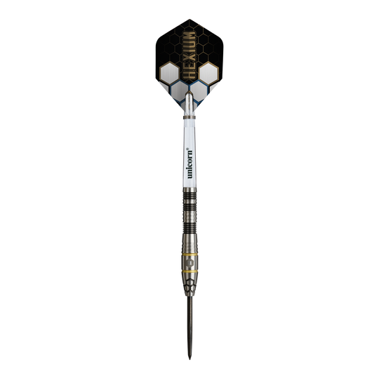Unicorn Hexium Style 01 Czarno-złote Steeldarts Dieses Bild zeigt die Unicorn Hexium Style 01 Black & Gold Steeldarts. Die Steeldarts sind in den Farben Schwarz und Gold gestaltet.