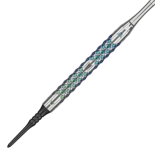 Target Rove 10 miękkich rzutek Das Bild zeigt einen Target Rove 10 Softdart mit einem metallischen, bunt schimmernden Griff. Das Design weist eine strukturierte Oberfläche mit feinen Mustern auf.