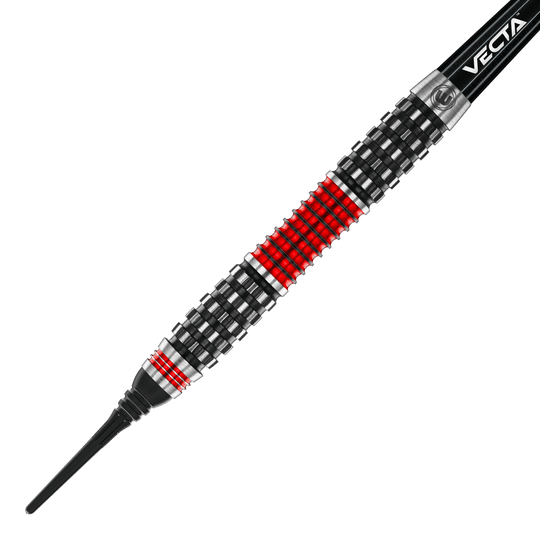 Lotki Winmau Joe Cullen Rockstar Series RS1 Soft Darts - 20g Dies ist ein Softdart aus der Winmau Joe Cullen Rockstar Series RS1 mit einem Gewicht von 20g. Der Dart hat ein auffälliges Design mit schwarzen, silbernen und roten Ringen am Barrel.