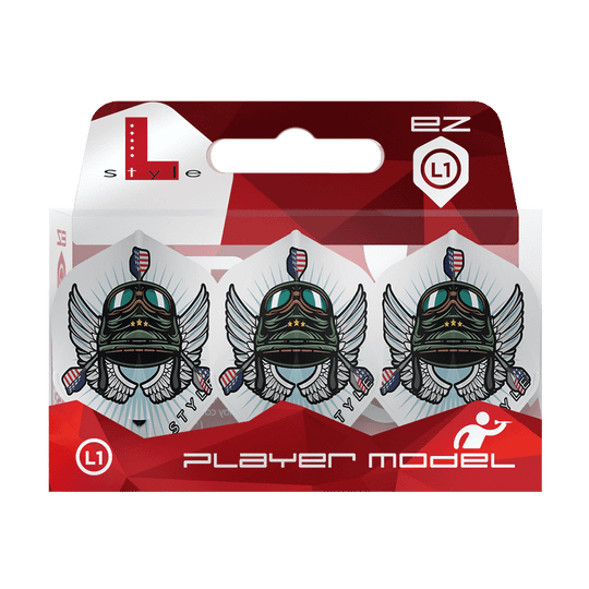Das Bild zeigt die L-Style Leonard Gates V3 White L1EZ Flights in einer Verpackung. Die Flights haben ein auffälliges Design mit einem geflügelten Helm und bunten Details.
