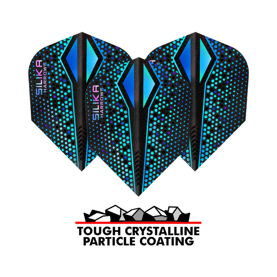 Harrows Silika Colorshift Twarda powłoka krystaliczna Blue-X No6 Loty Das Bild zeigt drei blaue Harrows Silika Colourshift Tough Crystalline Coating Blue-X No6 Flights. Darunter steht der Schriftzug "Tough Crystalline Particle Coating" mit einer Grafik von Kristallteilchen.