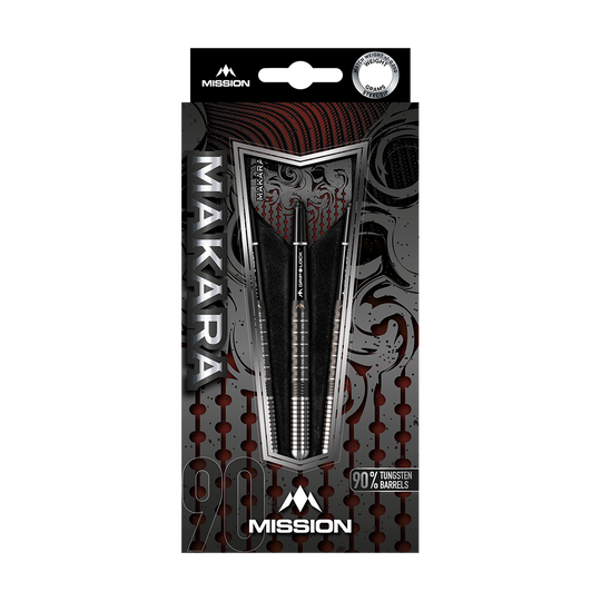 Die Abbildung zeigt die Verpackung der "Mission Makara M1 Steeldarts". Auf der Verpackung steht, dass die Darts 90% Tungsten-Barrels haben.