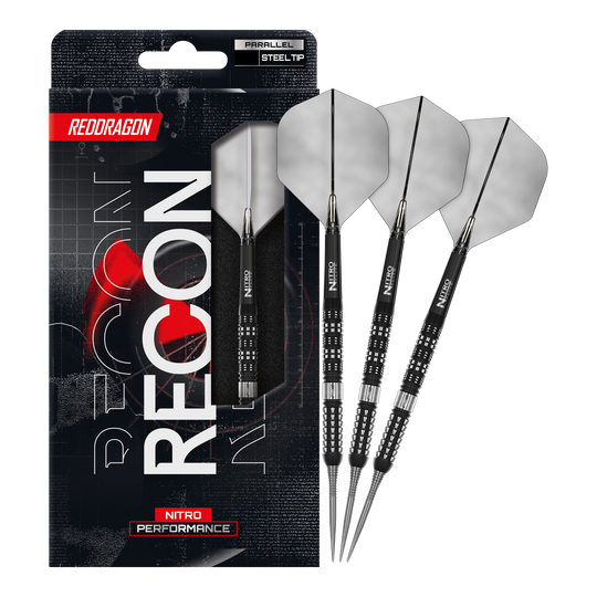 Red Dragon Recon Parallel Steeldarts Auf diesem Bild erkennt man die Red Dragon Recon Parallel Steeldarts in voller Länge. Diese Darts sind für eine gleichmäßige Wurfbalance bekannt.