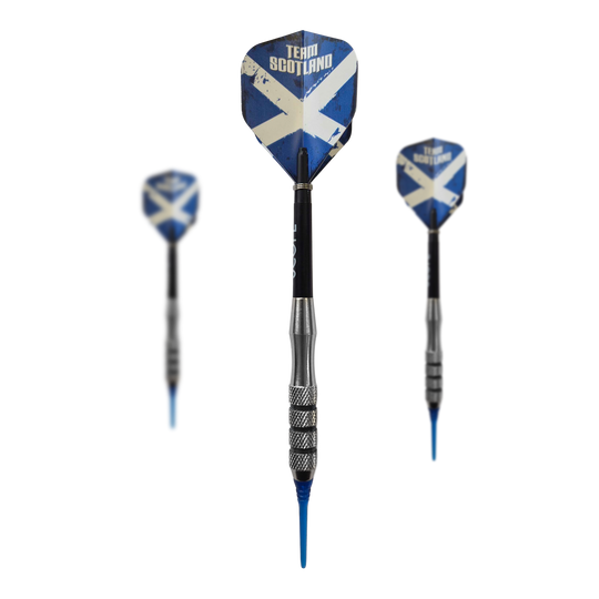 Das Bild zeigt McDart Scottish Cross Brass Softdarts mit einem Gewicht von 18g. Die Darts sind für Softdartspieler geeignet.