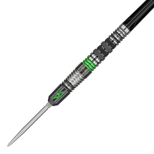 Stalowe lotki Target Japan Black Marque Lightning 3 SP Das Bild zeigt einen Target Japan Black Marque Lightning 3 SP Steeldart. Der Dartpfeil hat ein modernes Design mit schwarzen und silbernen Elementen sowie auffälligen grünen Akzenten.