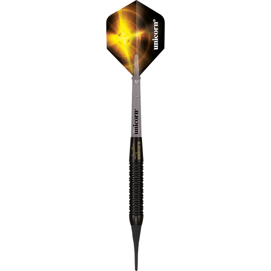 23664_Unicorn_World_Champion_Gary_Anderson_Black_Brass_Softdarts_1e5Ie1cUne07a8 Dies ist ein Unicorn World Champion Gary Anderson Black Brass Softdart mit einem Gewicht von 19 g. Der Dart hat ein schwarzes, geriffeltes Barrel und ein Flight mit gelbem, leuchtendem Design.