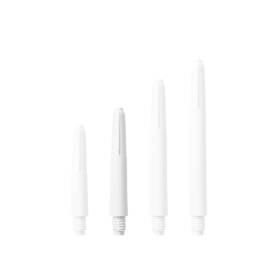 581_Nylon_Shafts_Schneeweiss_35mm_1SOzIiFqo0WIso Das Bild zeigt vier Nylon Shafts in Schneeweiß, die in unterschiedlichen Längen angeordnet sind. Sie sind jeweils mit einem Schraubgewinde am unteren Ende versehen.