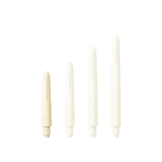 575_Nylon_Shafts_Naturweiss_28mm_15xUTm3L9tur5Y Das Bild zeigt vier Nylon Shafts in Naturweiß, die in unterschiedlichen Längen angeordnet sind. Sie haben ein Gewinde am unteren Ende.