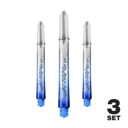 Target Pro Grip Vision Shafts - 3 zestawy - niebieskie Das Bild zeigt drei blaue "Pro Grip Vision" Shafts für Darts. In der rechten unteren Ecke steht "3 Set".