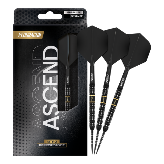 Das Foto zeigt die vollständigen Red Dragon Ascend Parallel Steeldarts. Die Darts sind komplett und einsatzbereit dargestellt.