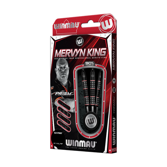 1461_Winmau_Mervyn_King_Special_Edition_Steeldarts_3 Das Bild zeigt die "Winmau Mervyn King Special Edition Steeldarts" in ihrer Verpackung. Die Verpackung ist überwiegend rot und schwarz und zeigt ein Bild von Mervyn King sowie die enthaltenen Steeldarts.