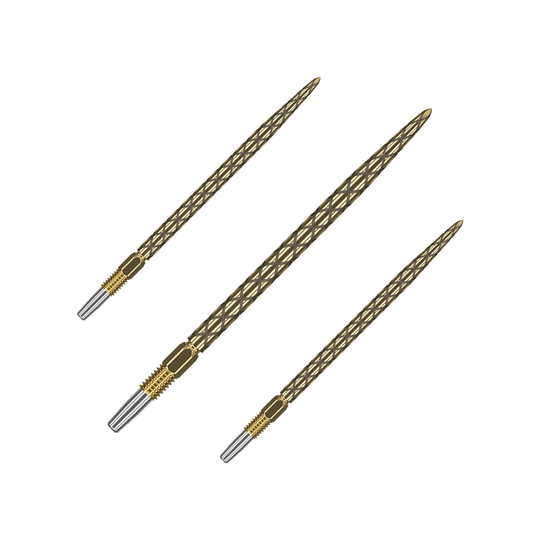 Końcówki do lotek Target Swiss Diamond Pro Gold Das Bild zeigt drei goldfarbene Dartspitzen mit einem diamantähnlichen Muster. Die Spitzen sind schlank und haben eine silberne Befestigung am unteren Ende.