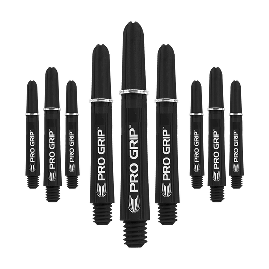 Wałki Target Pro Grip - 3 zestawy - czarne Das Bild zeigt neun schwarze Pro Grip Shafts für Dartpfeile in drei unterschiedlichen Längen. Die Shafts sind mit dem weißen Schriftzug "PRO GRIP" und einem Blatt-Symbol bedruckt.