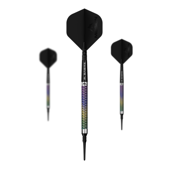 Mission Kaleidos Softdarts - 19g wird als Set auf dem Bild präsentiert. Mehrere Softdarts sind nebeneinander angeordnet.