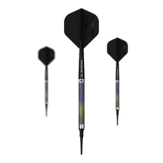 Mission Kaleidos miękkie lotki - 19g Mission Kaleidos Softdarts - 19g wird als Set auf dem Bild präsentiert. Mehrere Softdarts sind nebeneinander angeordnet.