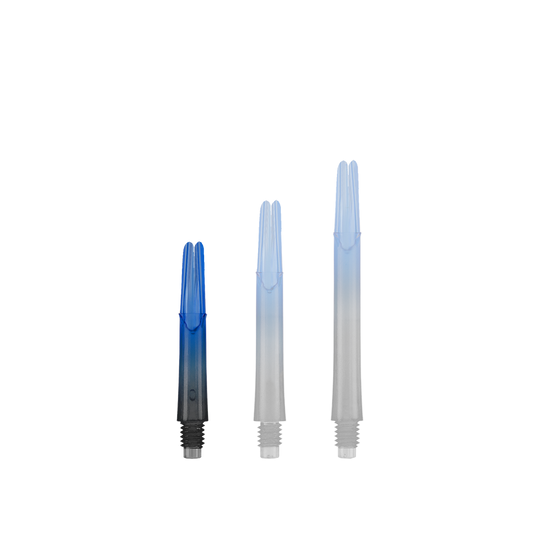 Dwukolorowe wałki L-L-Style-Shaft Locked Straight Natural9 - niebieskie Das Bild zeigt drei unterschiedlich lange Dartschäfte in Blau und Schwarz. Sie stehen nebeneinander und haben ein gerades Design ohne Kappen.