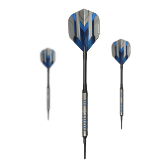 Lotki miękkie McDart 85 Tungsten V1 - 17g Das Bild zeigt drei Softdarts des Modells „McDart 85er Tungsten V1 Softdarts - 17g“. Die Darts haben blaue und silberne Akzente sowie schwarze Spitzen und Flügel.