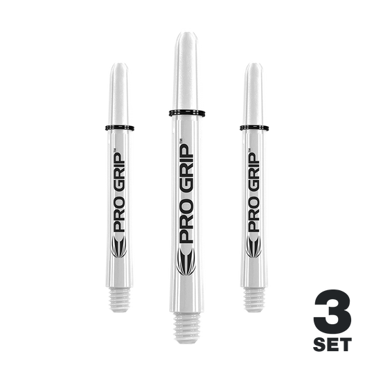 Das Bild zeigt drei weiße Pro Grip Shafts für Darts. Unten rechts steht "3 SET", was auf ein Set mit drei Stück hinweist.