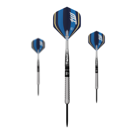 Hier sieht man ein Set der Bulls Leon Weber Steeldarts. Das Set enthält mehrere Steeldarts für den Dartsport.